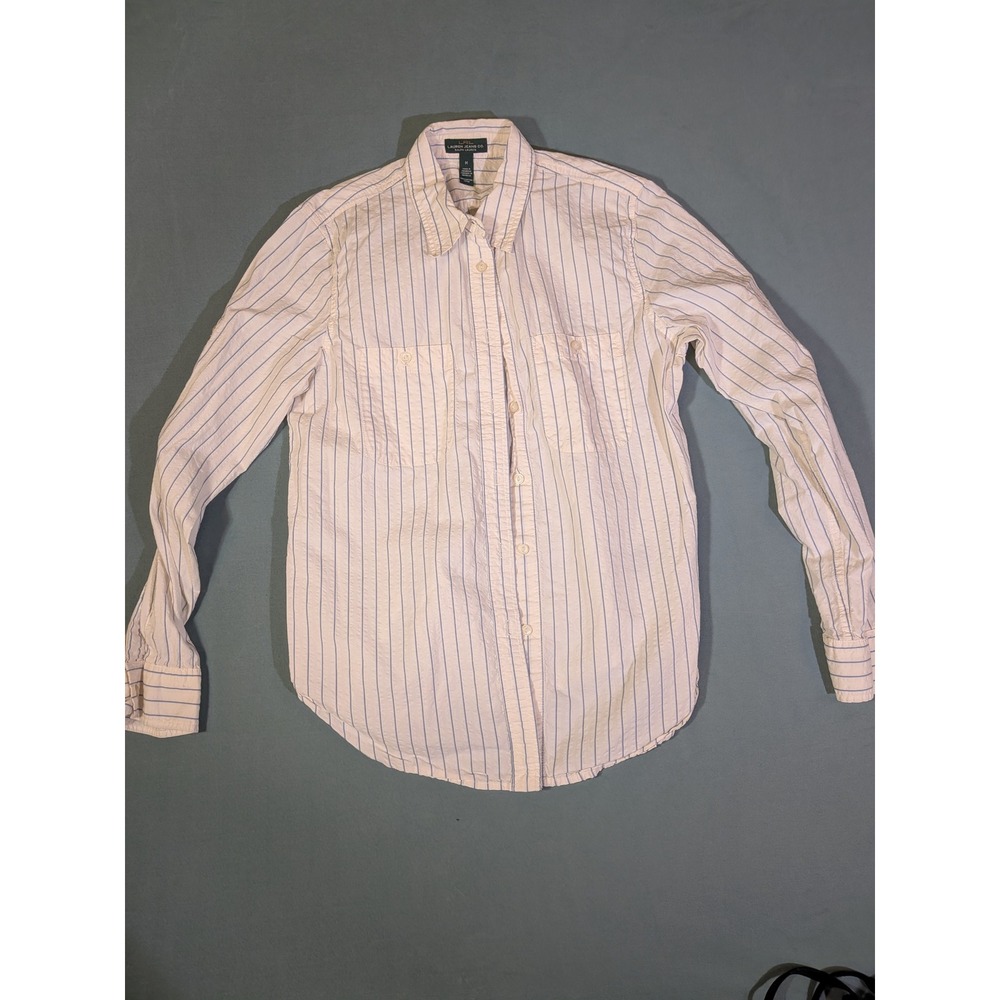 Lauren Ralph Lauren Seersucker Striped Button Down Shirt Blue White Women Medium